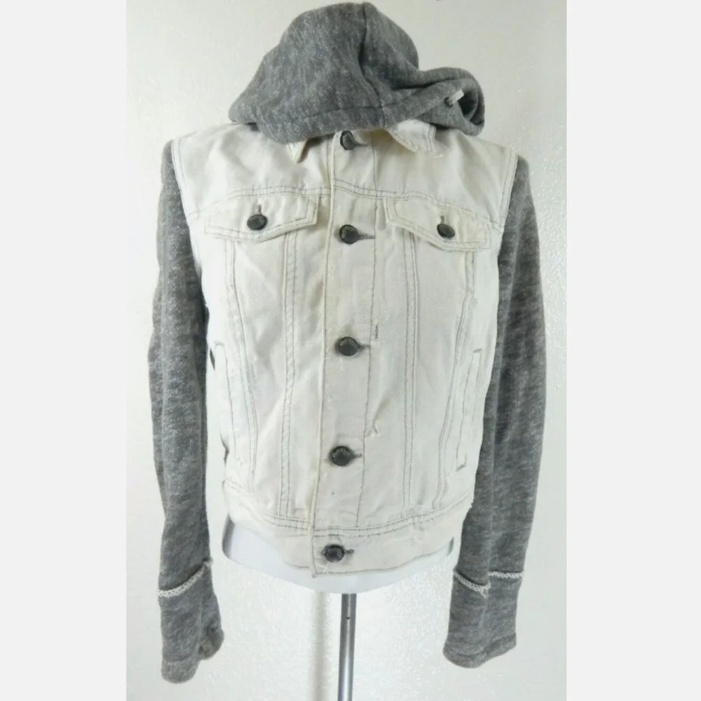 Free People White Distressed Hooded Denim Jacket